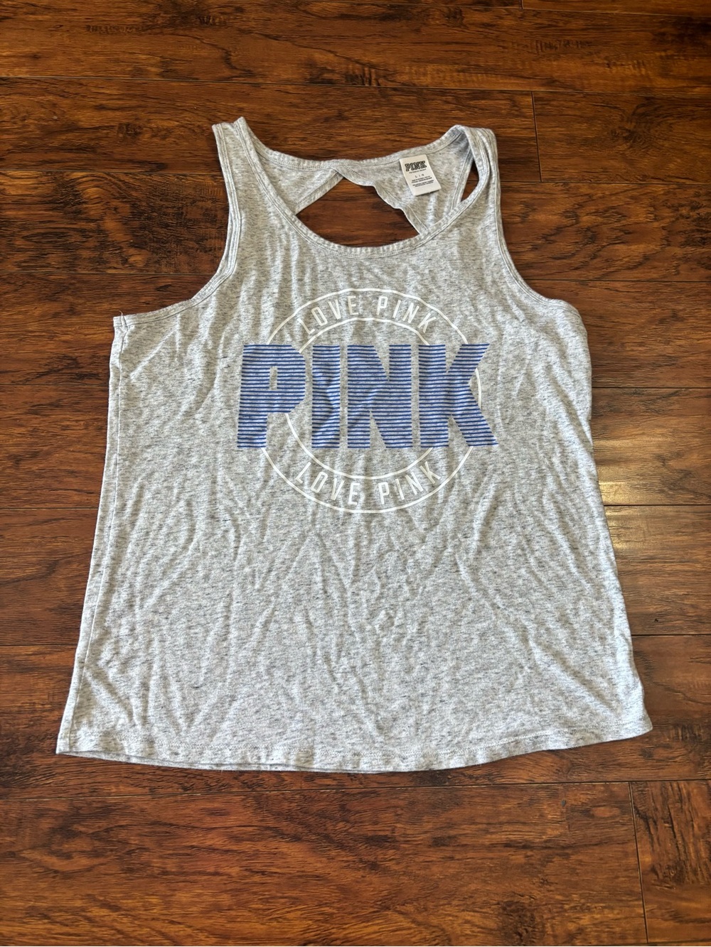 PINK Victoria's Secret Heather Gray Racerback Tank with Blue Logo